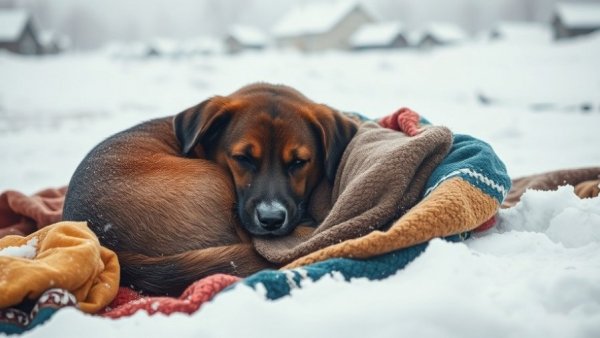 Brown dog left on blankets in snowy Detroit, highlighting local news.