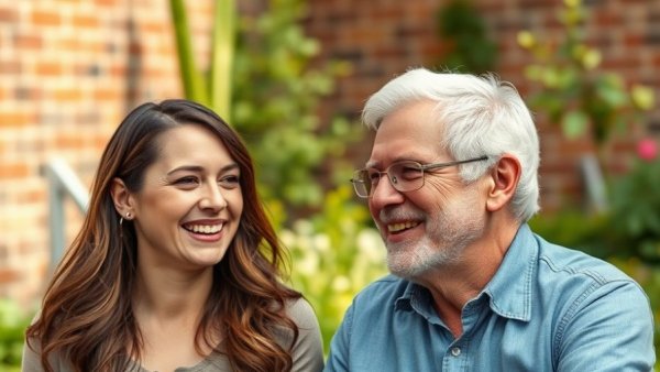 Cheerful couple outdoors, candidly enjoying the moment.