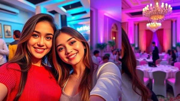 Two young women posing for a selfie and elegant portrait.