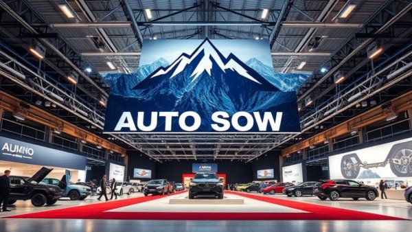 Opening of Detroit Auto Show in a modern exhibition hall with mountain backdrop.
