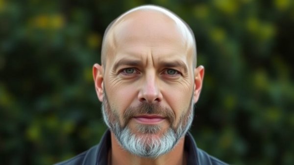 Bald man with a beard posing outdoors, soft lighting.