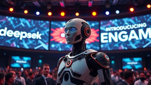 Futuristic robot at tech event for Engram memory lookup for LLMs.