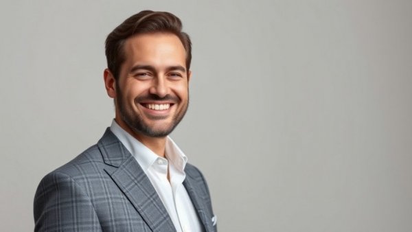 Elegant man smiling in checkered suit with soft lighting.