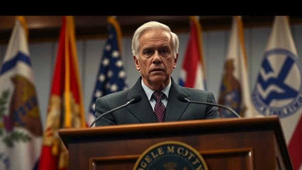 Public figure at press conference discussing Michigan public safety.