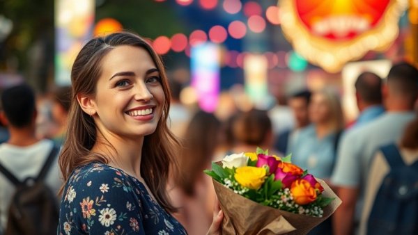Woman at Detroit cultural festival, holding bouquet and smiling.