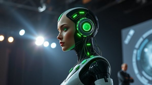 Microsoft AI decision-making tech event displaying futuristic android.