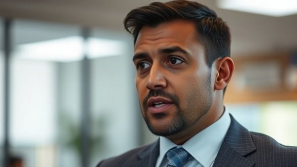 Professional male discussing ICE operations in Minnesota indoors.