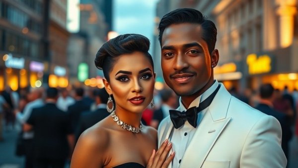 Grimes parenting journey spotlight with elegant couple dressed formally.