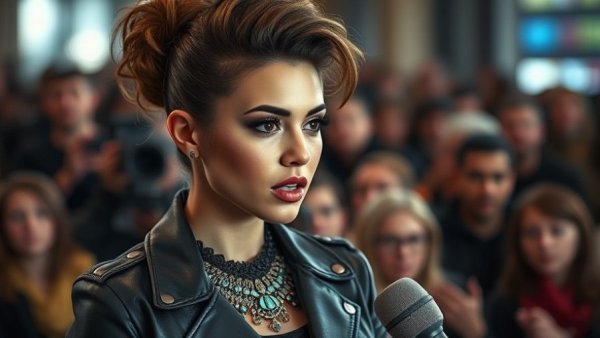 Young woman interviewed at art exhibit in Detroit