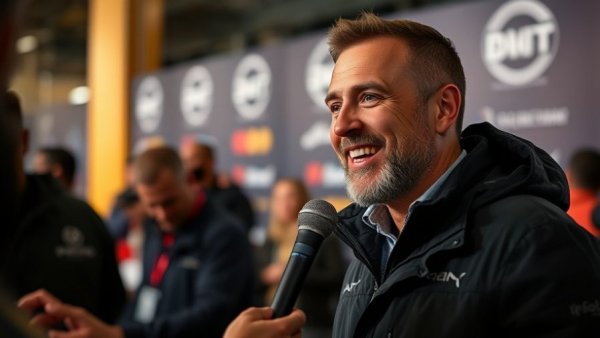 Man in black jacket being interviewed at Detroit art exhibit event.