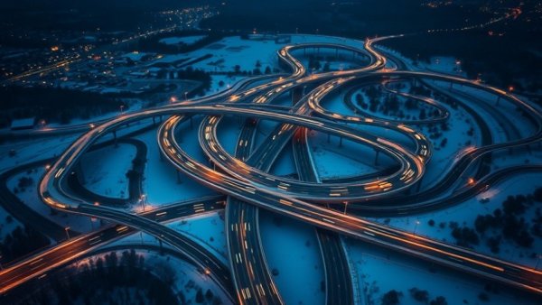 Aerial view of Metro Detroit highway traffic at night.