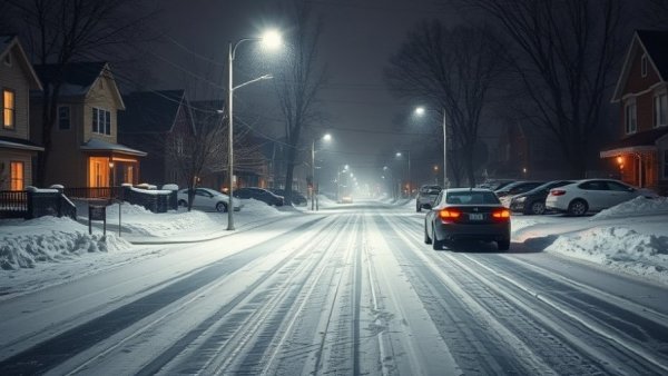 Frozen street in Detroit at night with parked car and icy road.