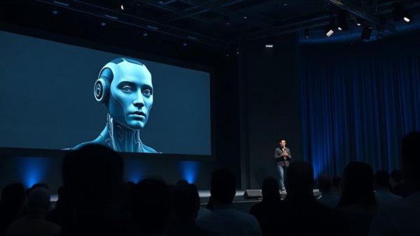 Futuristic tech presentation featuring robot face by Detroit tech startups.