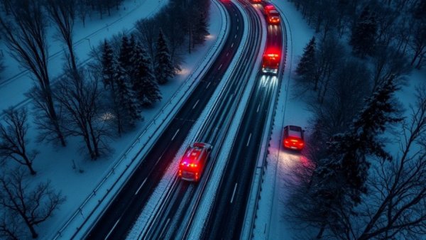 Aerial shot of snowy Metro Detroit highway with traffic.