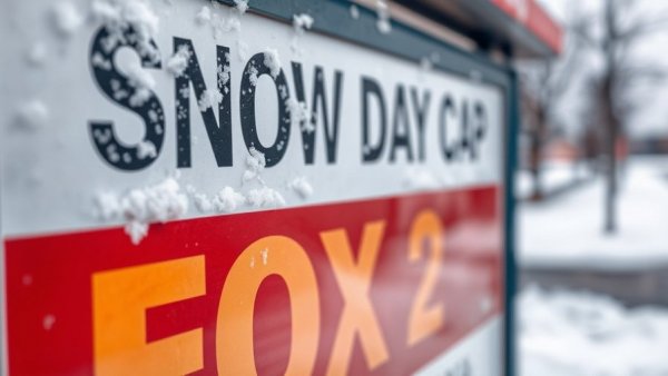 Close view of school bus stop sign amid cold, snow-dusted scene.