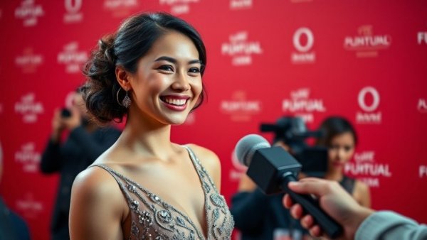 Interview at cultural festival, young woman in glamorous dress.