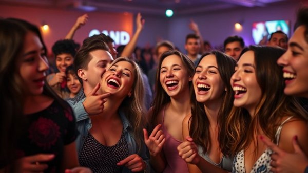 Young adults celebrating at a party with cake, warm lighting.