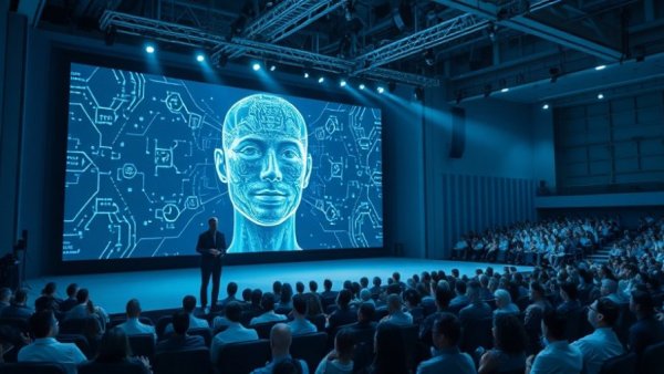 Futuristic presentation of Mercury 2 at tech conference.