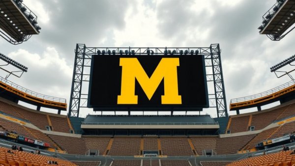 Large stadium screen showing yellow M, Michigan public safety investigation.
