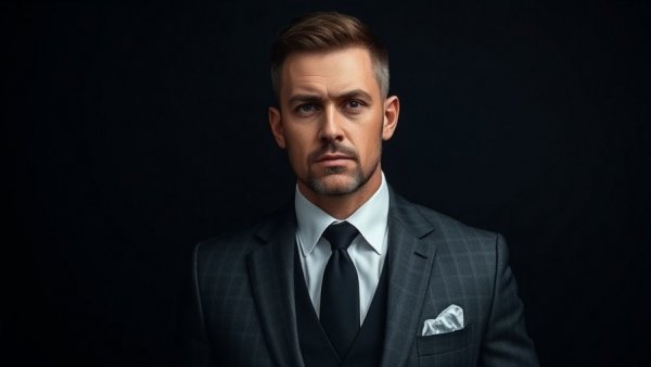 Stylish man in suit, photorealistic portrait, dark background.