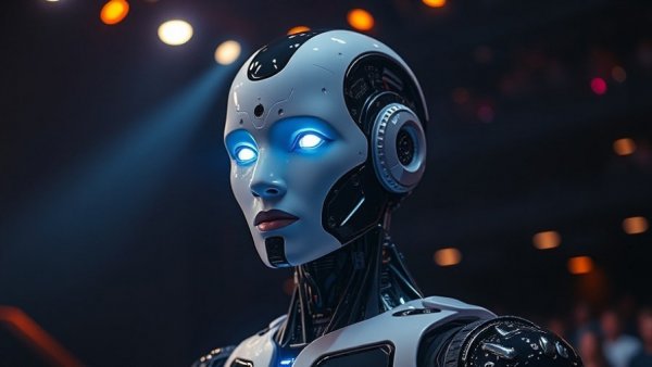 OpenAI Symphony AI introduction with futuristic robot on stage.