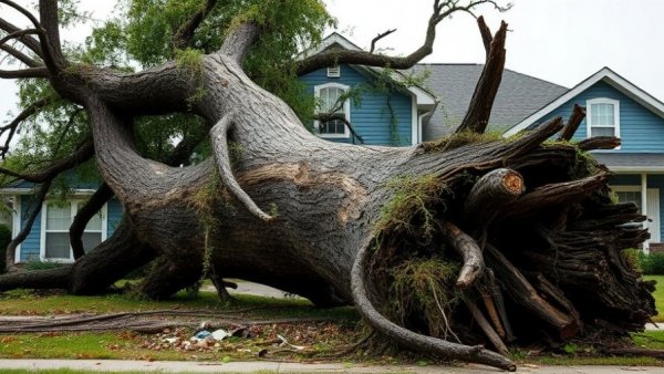 Michigan tornado emergency response, large uprooted tree near house, state of emergency.