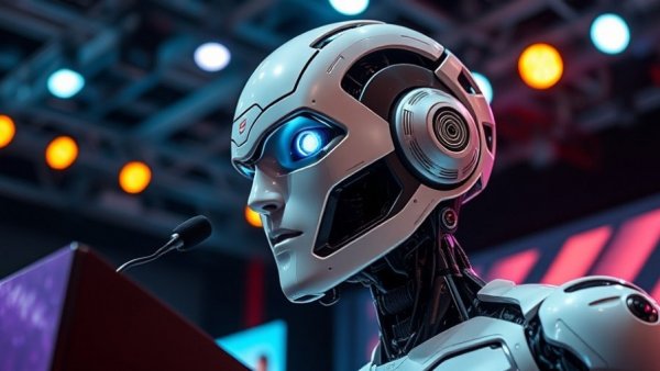 Futuristic robot head and speaker at a Detroit tech startups event.