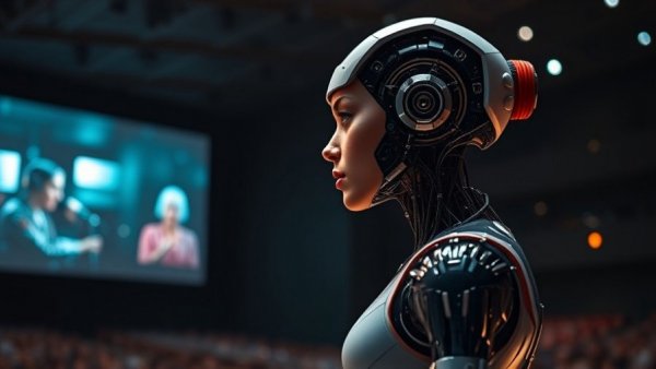 Futuristic android presented at Google AI event.