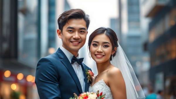 AI-generated wedding photo of elegant young couple in cityscape.