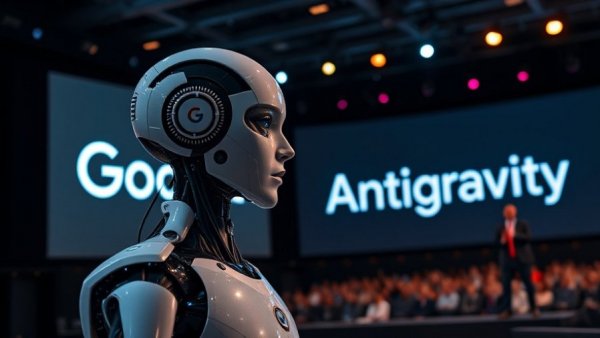 Google Antigravity AI presentation featuring futuristic robot.