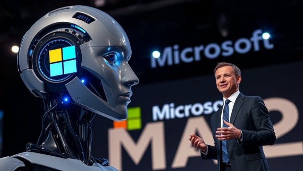 Futuristic robot and presenter showcasing Microsoft MAI 2 artificial intelligence.