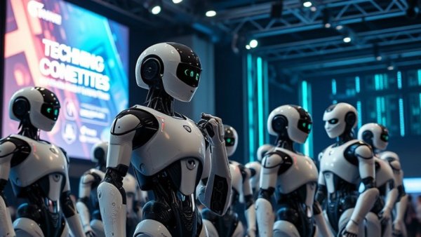 Futuristic robots and developers at tech event, Michigan artificial intelligence