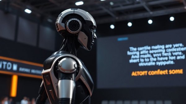 Futuristic humanoid AI at tech conference showcasing productivity tools.