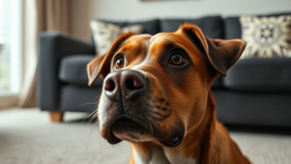 Detroit local news features a concerned dog gazing upwards.
