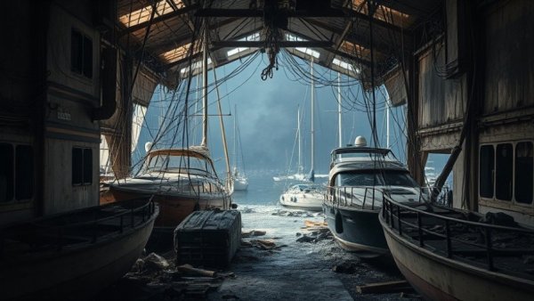 Metro Detroit fire damage news: Marina interior with exposed wires and debris.