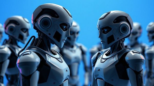 Futuristic humanoid robots in Detroit, digital blue backdrop.