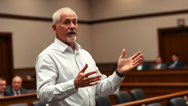 Man gestures in courtroom, Detroit crime reports, serious expression.