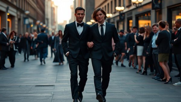 Formal event appearance of a sophisticated couple in the city.