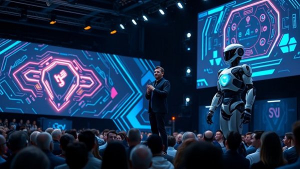 Speaker with androids in futuristic presentation on AI in Michigan.