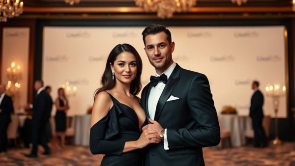 Elegant couple at gala event in formal attire, love story of Jordan Hudson and Bill Belichick.