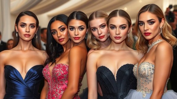 Elegant women at Met Gala in glamorous gowns.