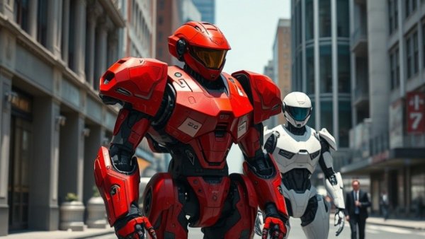 Futuristic manned Mecha AI robot with pilot on city street.
