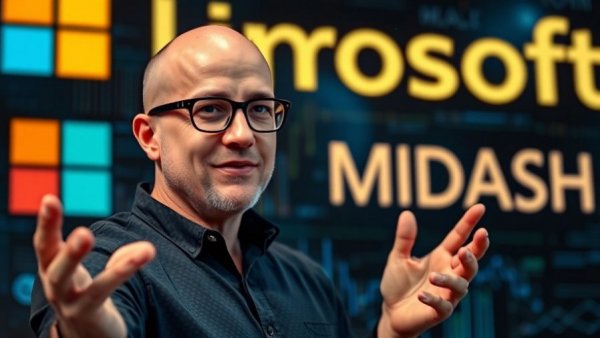 Microsoft M-DASH launch with confident presenter and vibrant graphics.