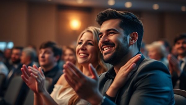 Smiling couple at an event, clapping with others.
