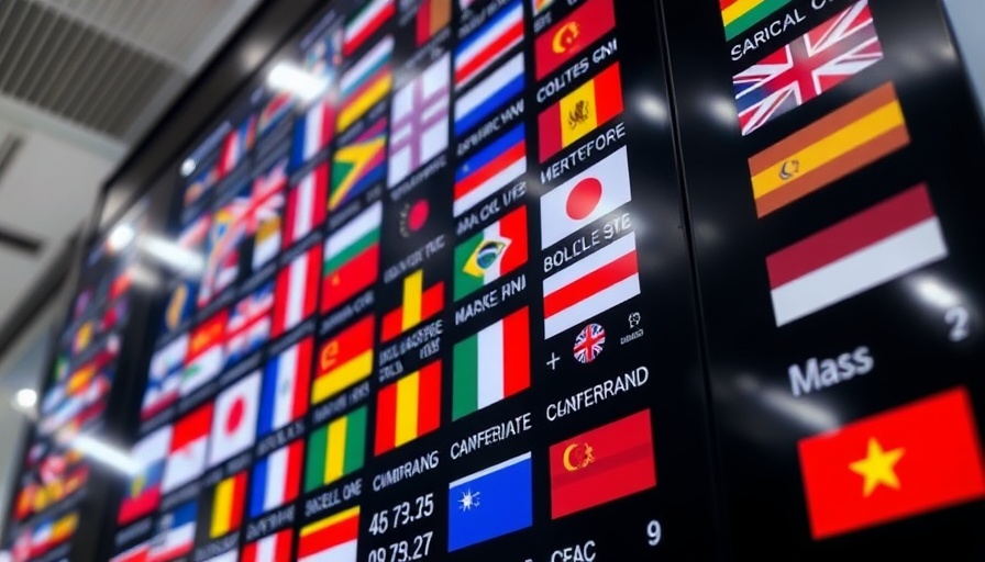 Currency exchange board showcasing international flags and rates, related to Trump's tariff impact on Michigan businesses.
