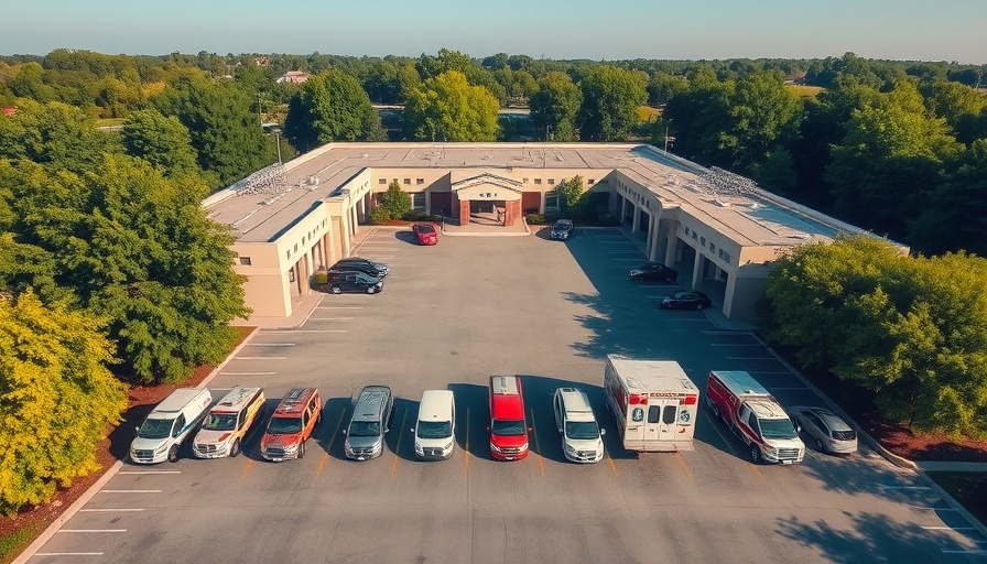 Aerial view of buildings and parking lot with emergency vehicles.
