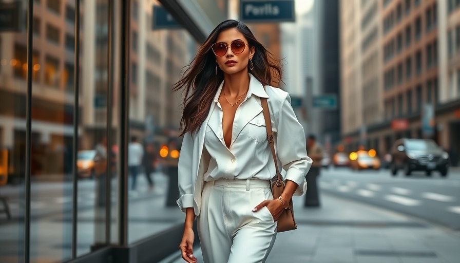 Stylish woman confidently walking on a city street with glass background.