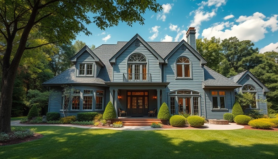 Lake Michigan luxury real estate featuring lush garden and gray house.
