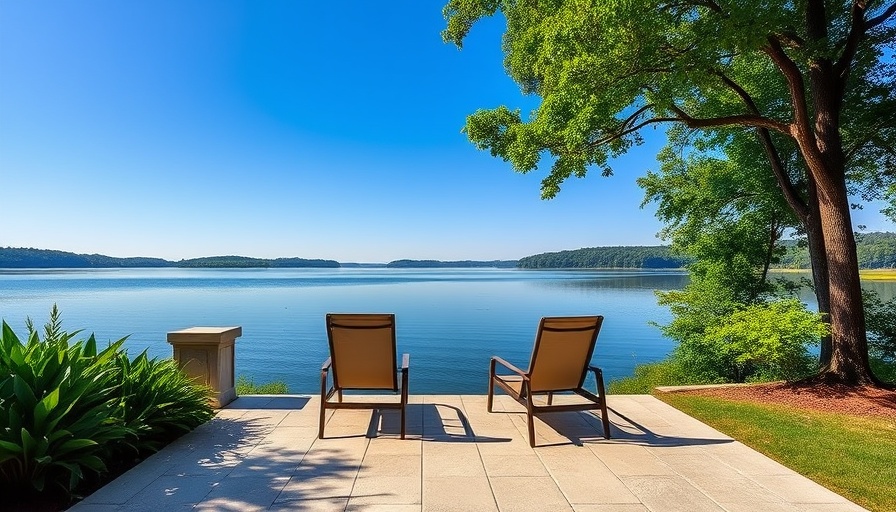 Scenic lakeside patio with chairs, lush greenery, Michigan real estate trends.