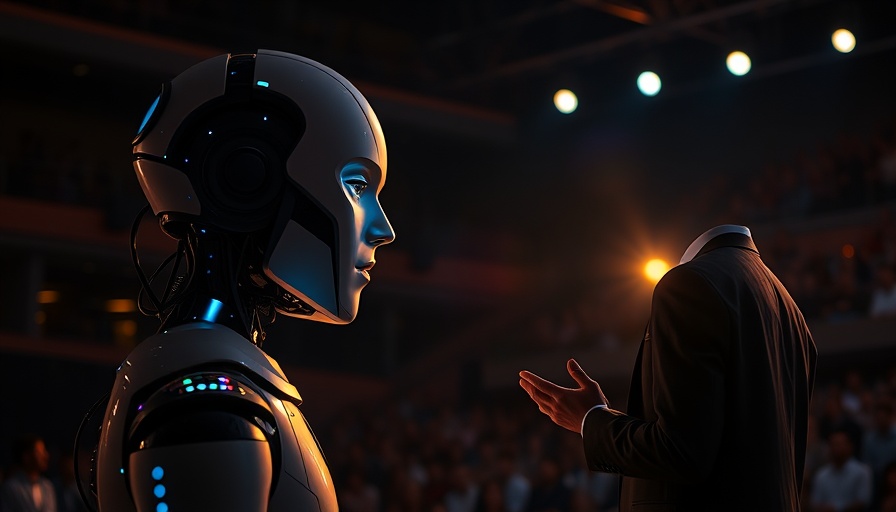 Futuristic humanoid robot head with presenter unveiling automation tool.